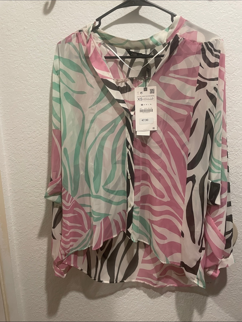 Zara Sheer Zebra-Print Button Blouse - Pink, Mint & Black